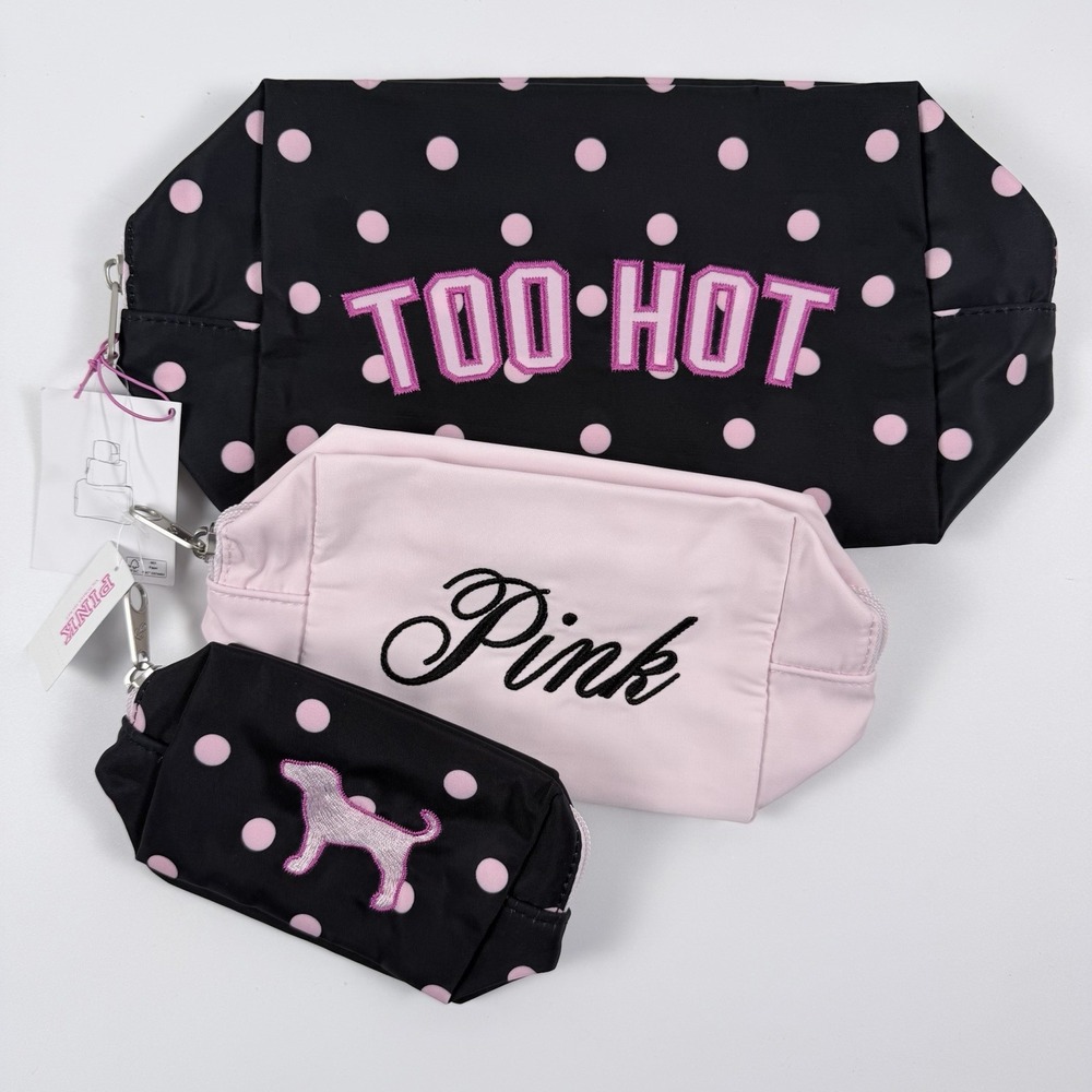 Victoria's Secret PINK Makeup Bag Trio Black Dot 3-Piece Cosmetic Set NWT